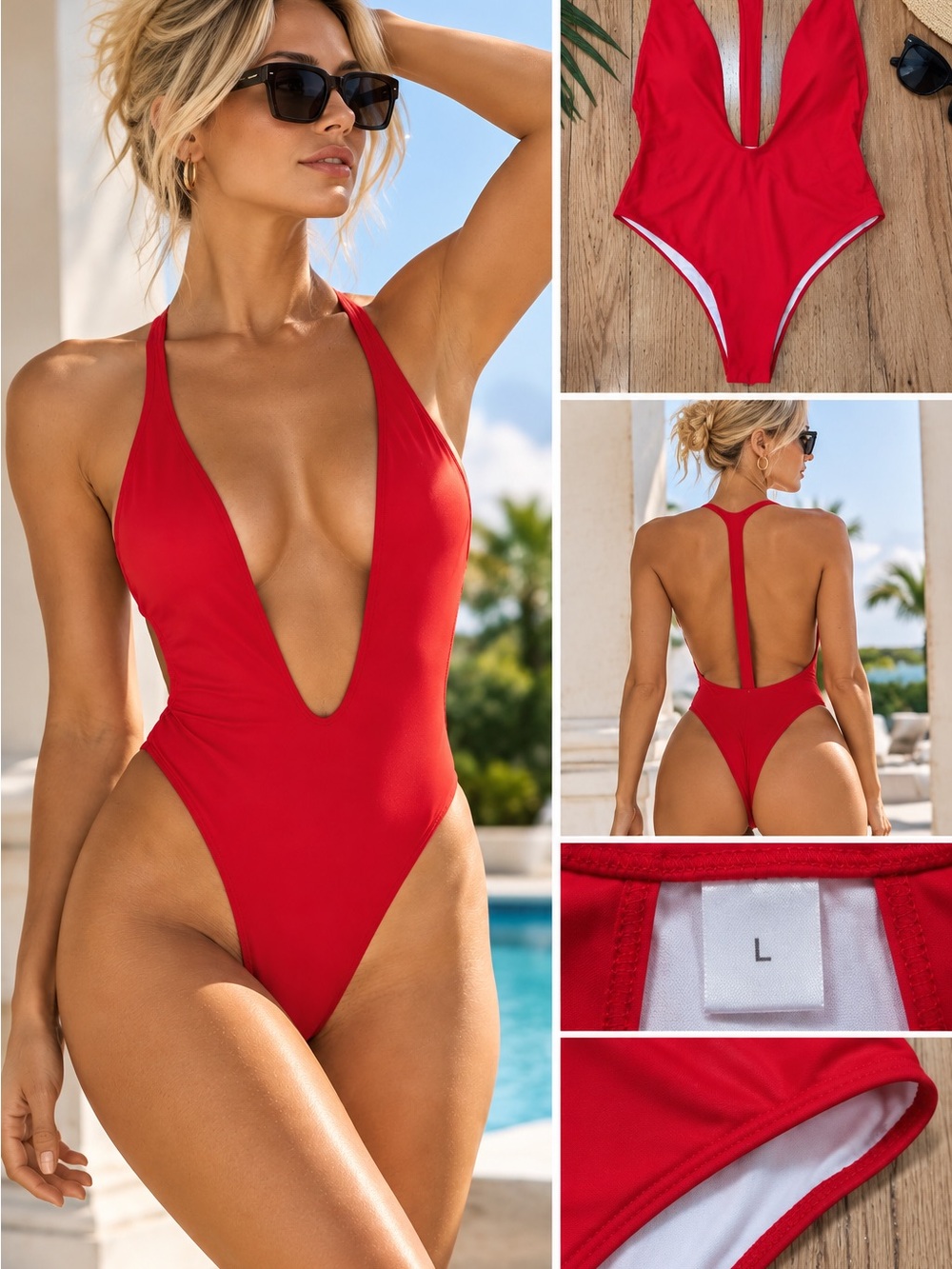 Icon Swim Red Plunge High Cut One Piece Swimsuit Size L